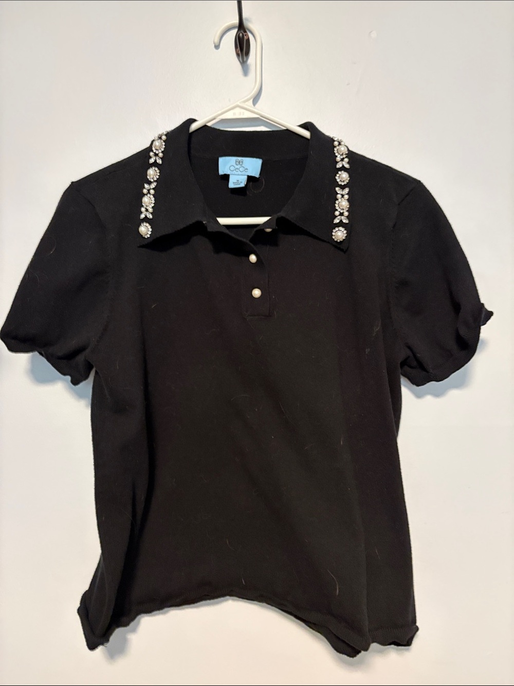 CeCe Black Short Sleeve Polo with Crystal-Embellished Collar